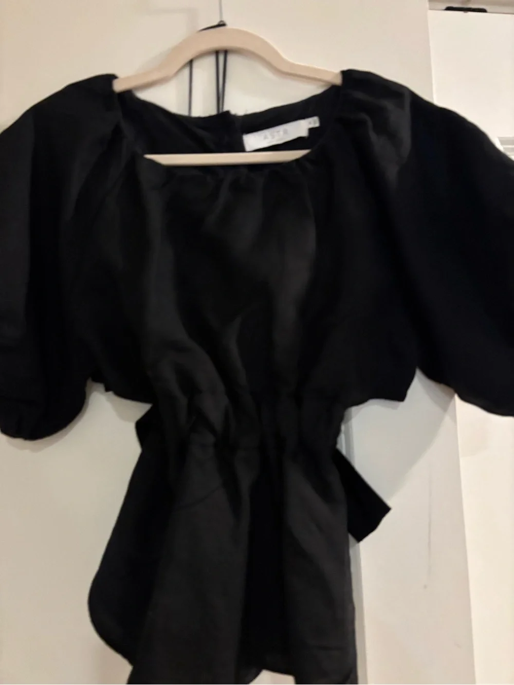 Astr Black Puff Sleeve Tie-Waist Blouse
